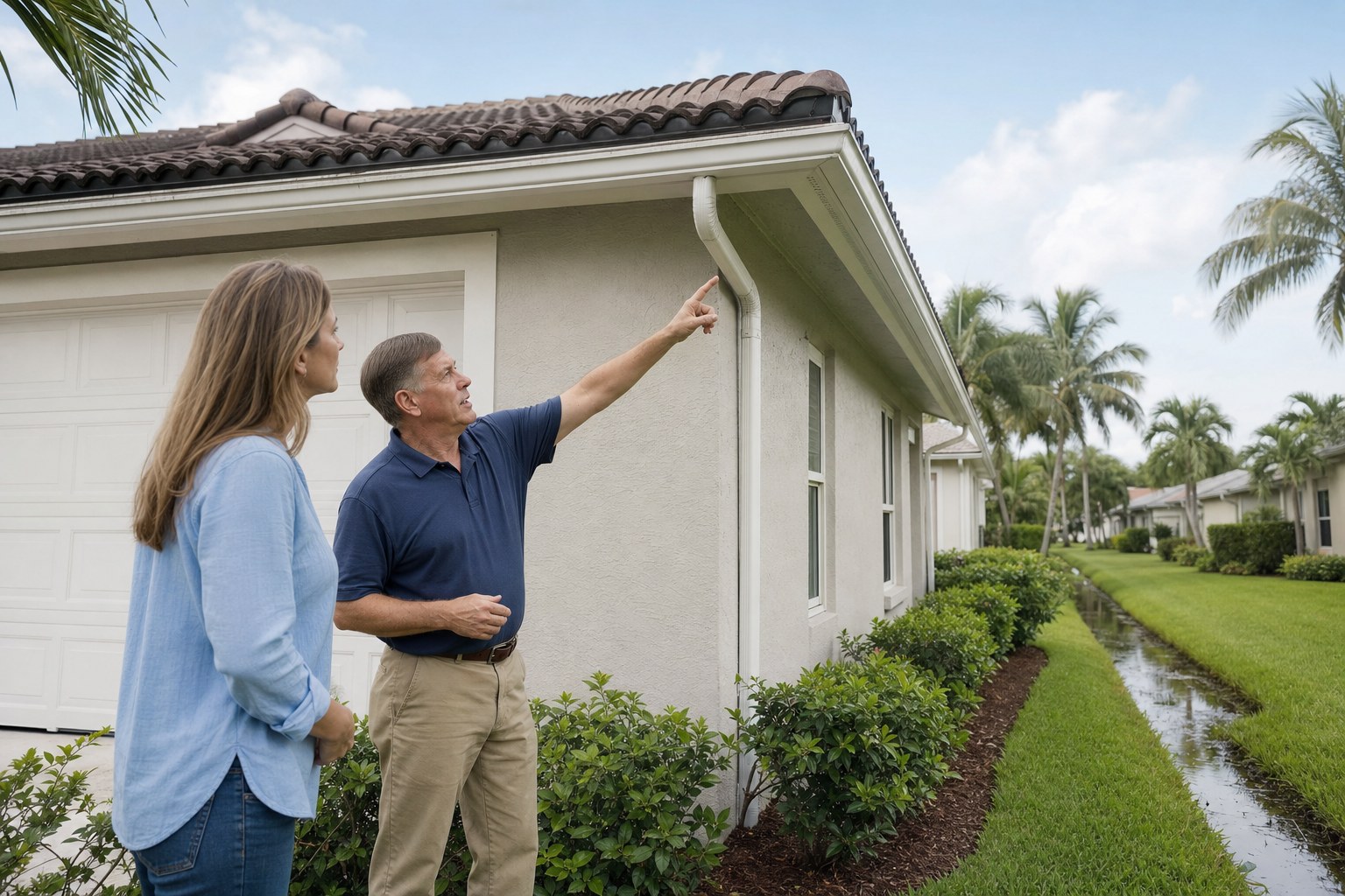 Home inspector and buyer reviewing a Florida home’s roofline and drainage