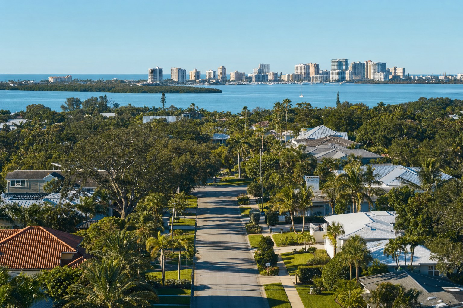 Illustrative Gulf Coast neighborhood leading toward a waterfront skyline