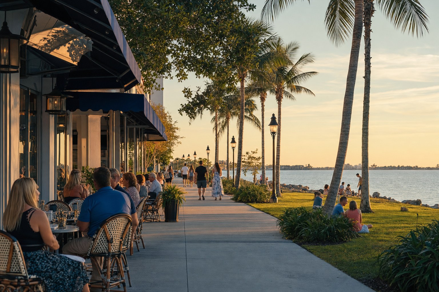 Gulf Coast waterfront promenade with dining, palms, and park space at sunset