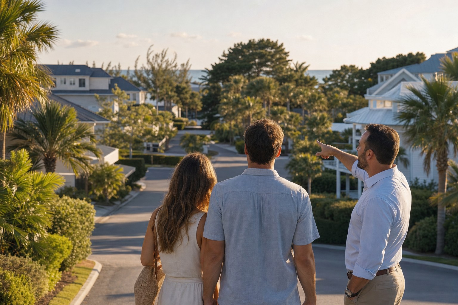 Buyers discussing a Gulf Coast neighborhood with a real estate professional