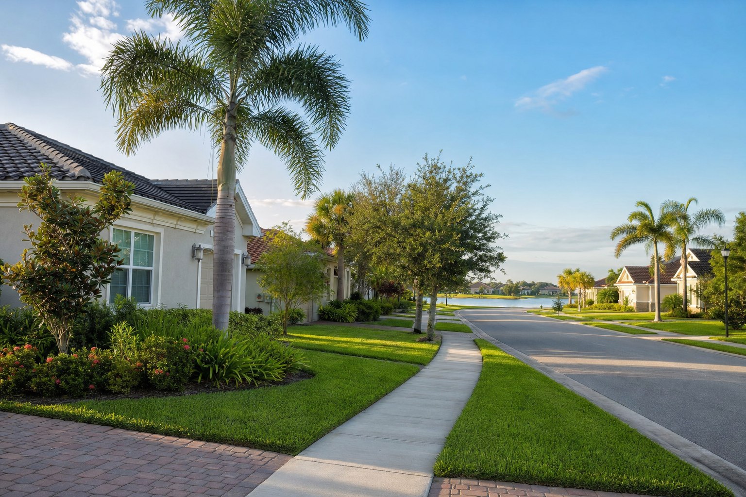 Illustrative Florida neighborhood street with homes, palms, and a small lake