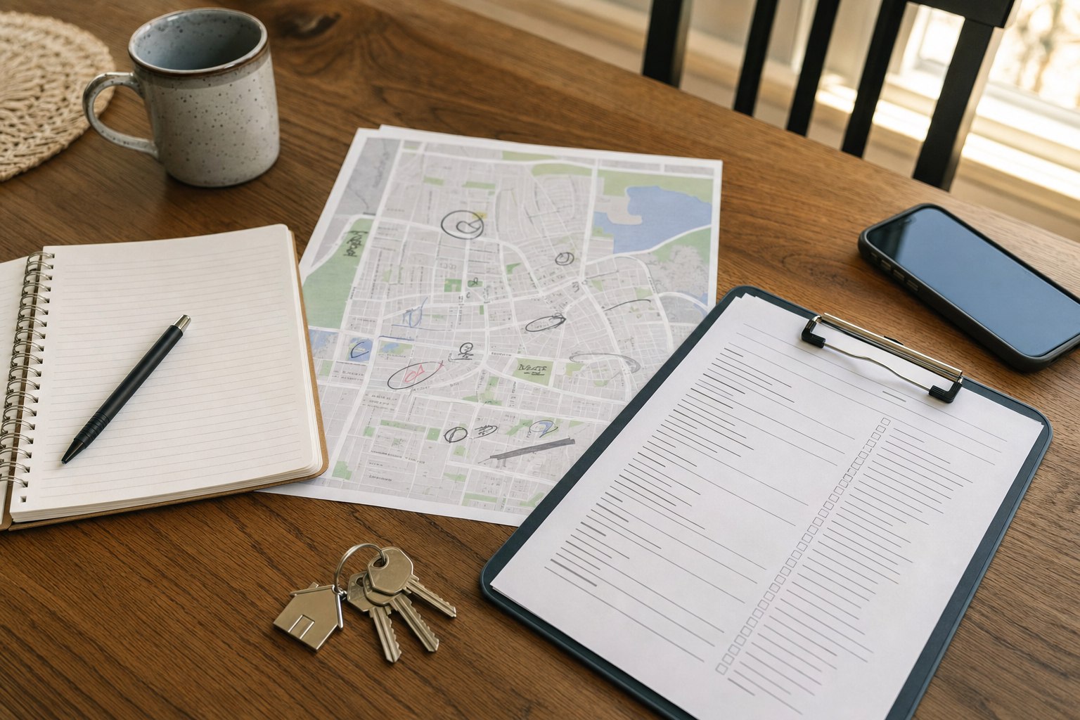 Illustrative home-buying planning table with a map, notes, checklist, phone, and house keys