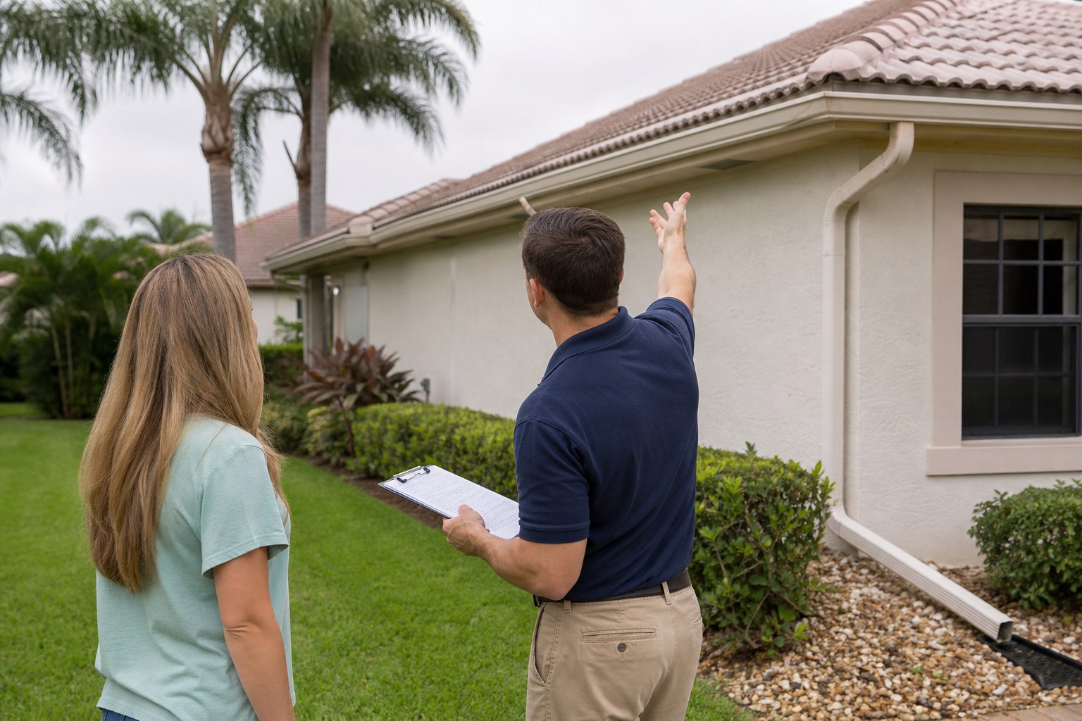 Home inspector and buyer reviewing roof drainage on a Florida home
