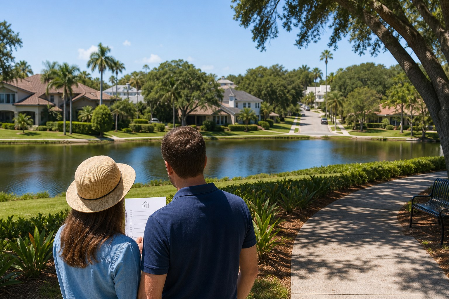 Couple comparing a Florida neighborhood from a shaded park path