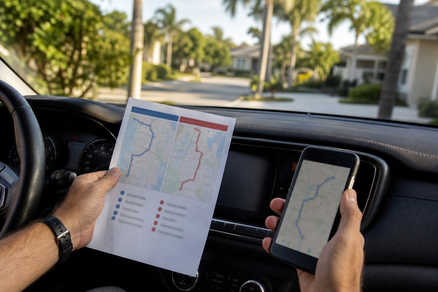 Buyer comparing possible Florida neighborhood routes before a home tour
