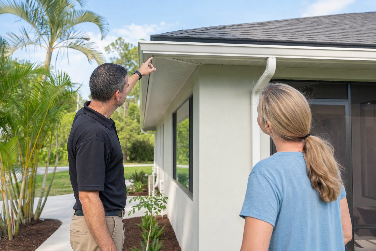 Home inspector reviewing a Florida home's roofline and gutters with a buyer
