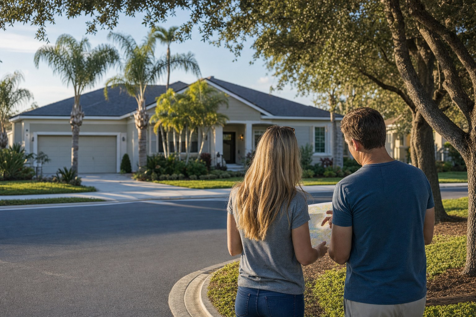 Couple looking at a Florida home during a neighborhood visit