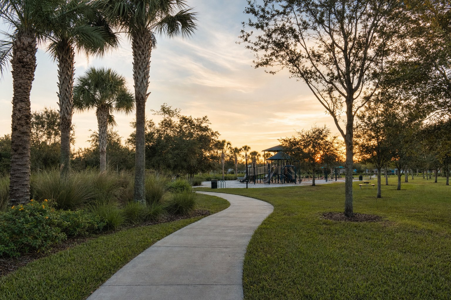 Florida community park with a walking path and playground at sunset