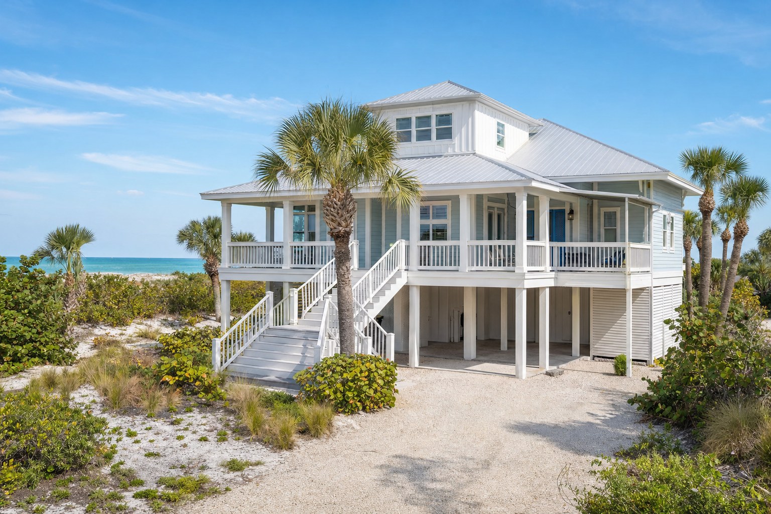 Elevated Anna Maria Island beach house with palms and Gulf water