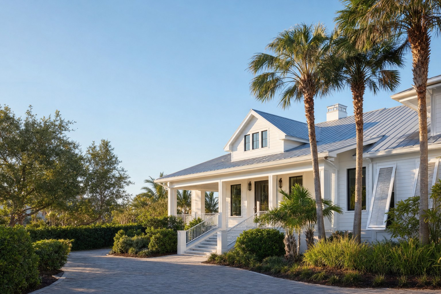 Coastal Florida home framed by palm trees