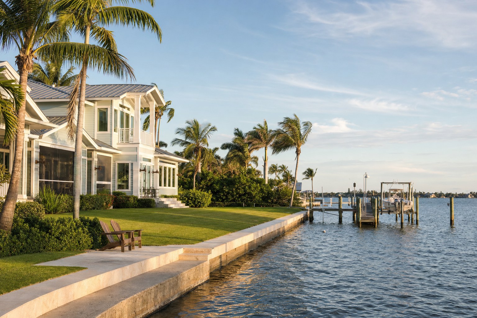 Waterfront Florida home with palms and a private dock