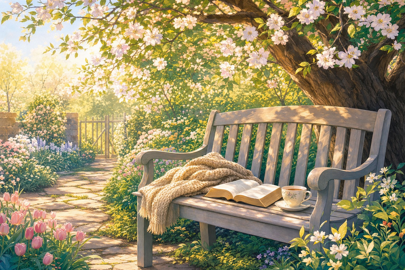 A sunlit garden bench with an open Bible, a blanket, and a warm cup