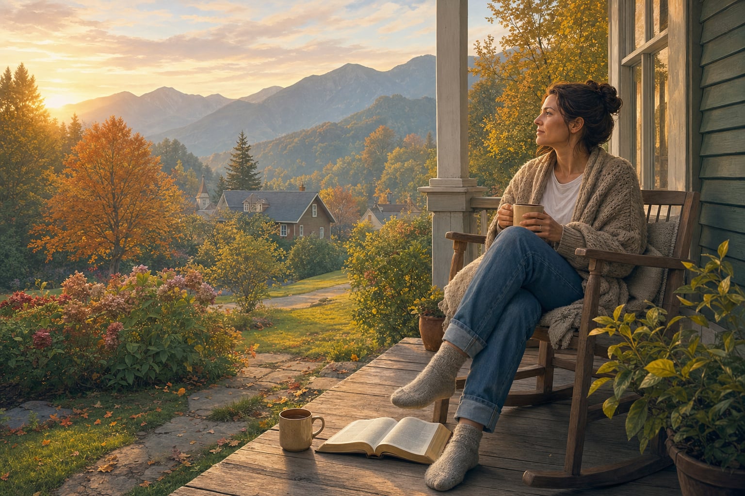 A woman resting on a cottage porch with a Bible and warm drink at sunrise