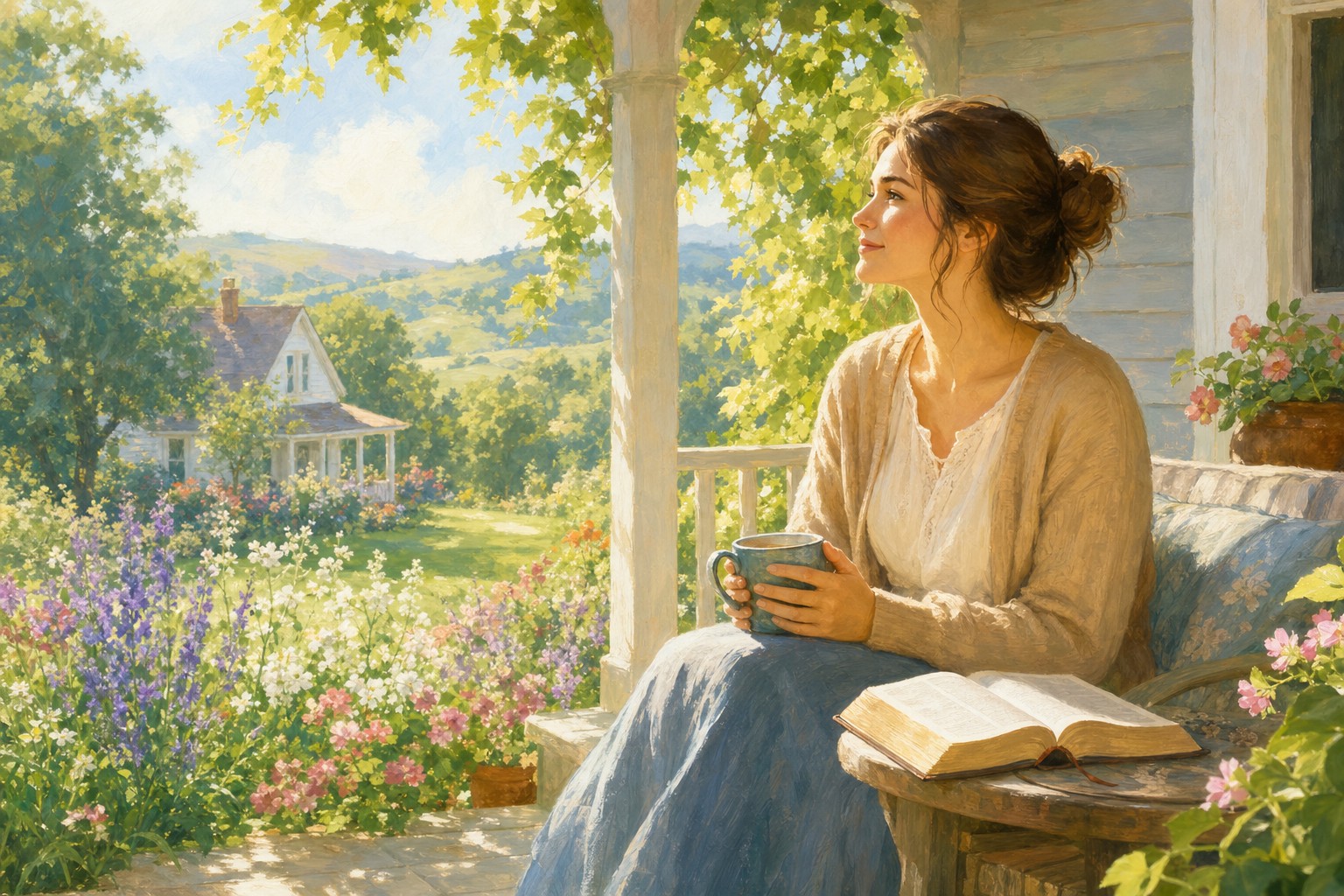 A woman resting on a sunny cottage porch beside an open Bible