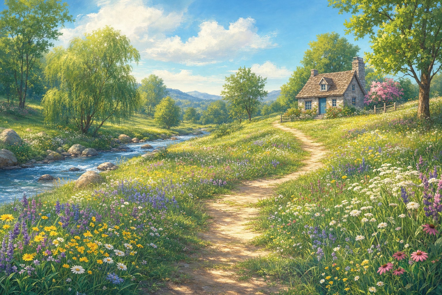A sunlit path through a field of wildflowers toward a cottage