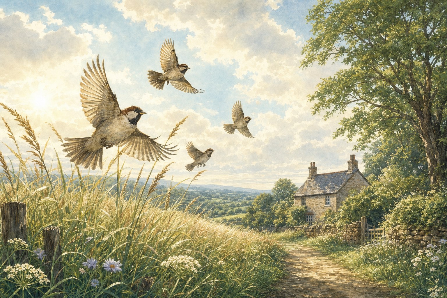 Small birds flying above a country path through tall meadow grass