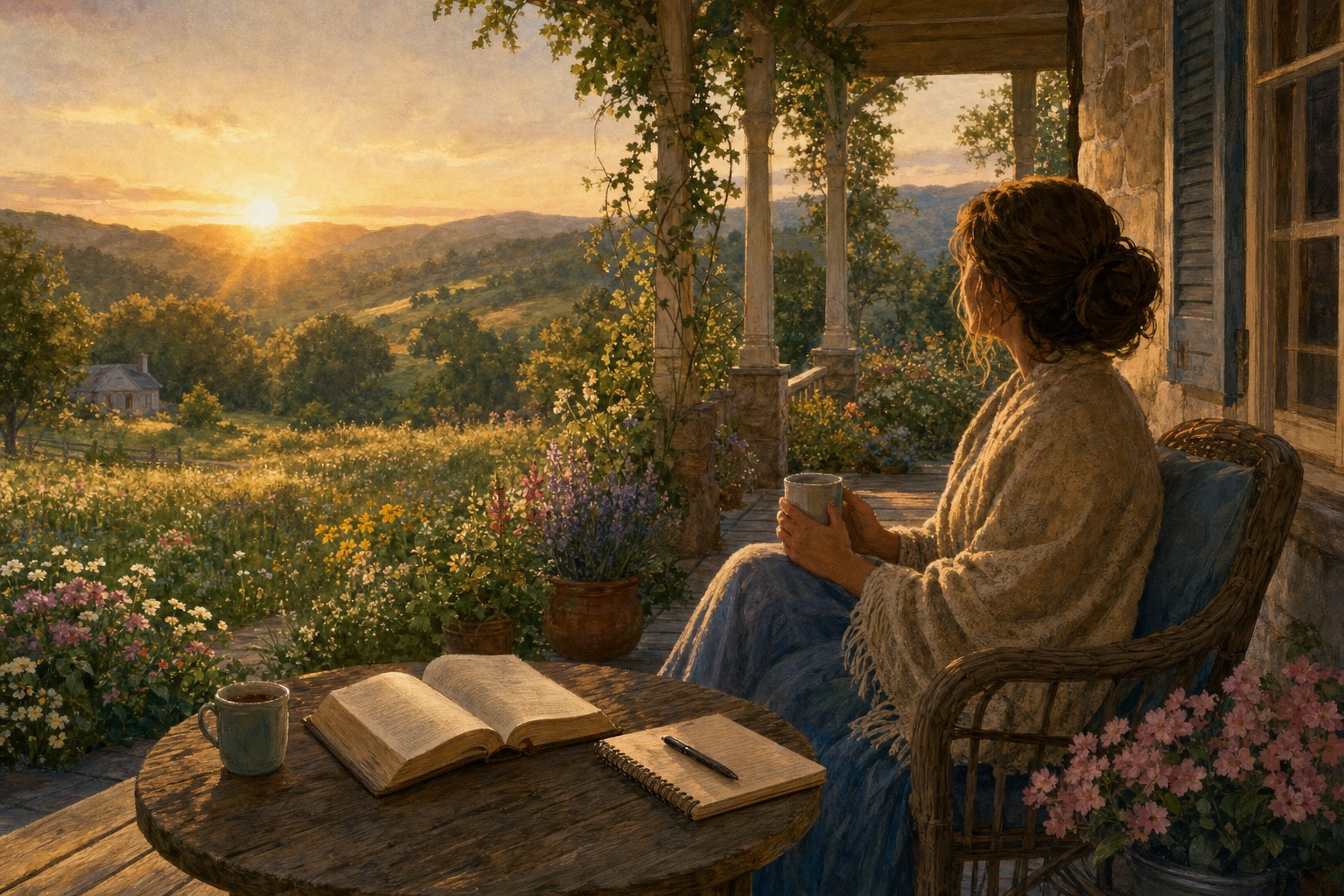 A woman sitting on a cottage porch beside an open Bible at sunrise