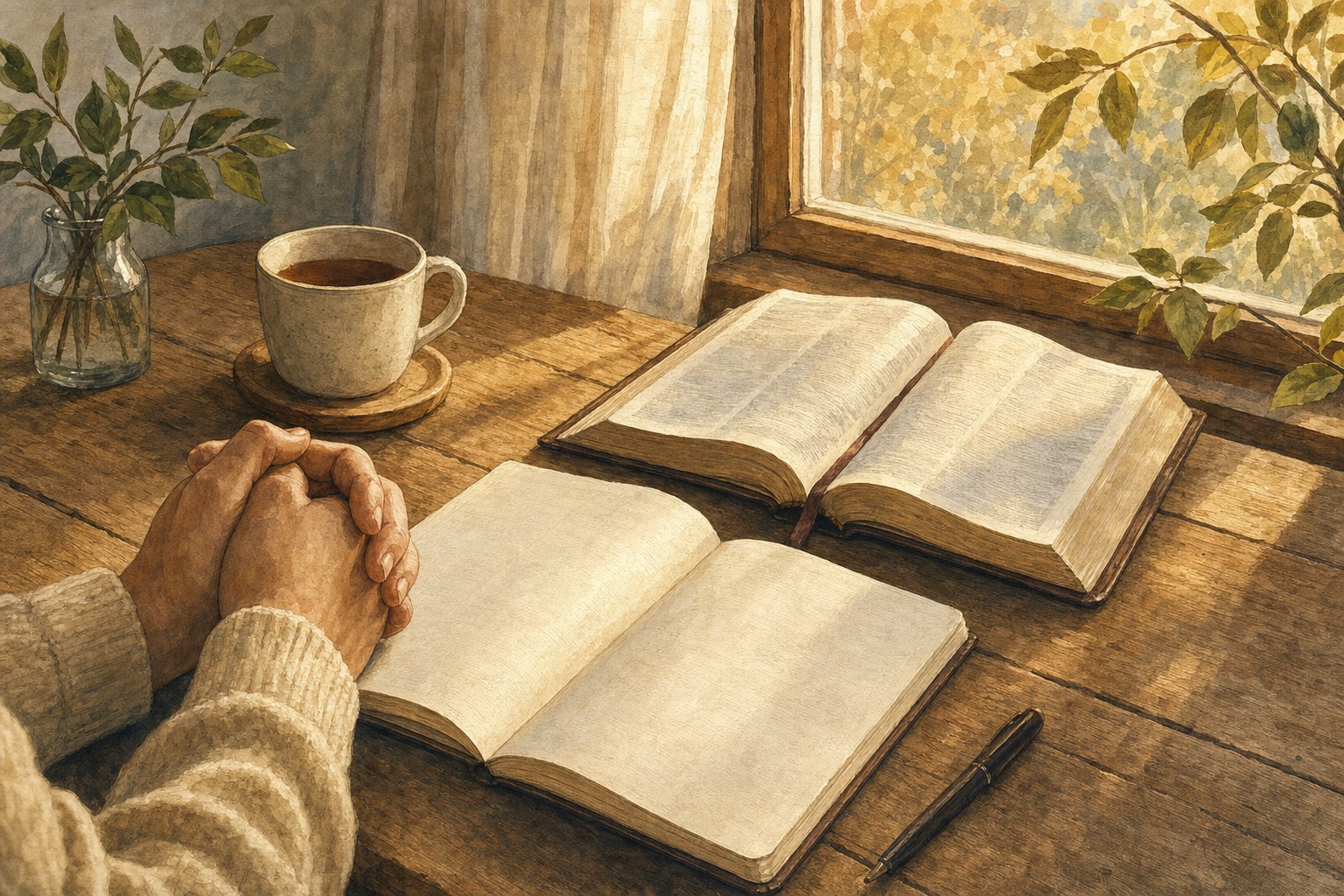 Hands resting beside an open Bible and blank journal on a sunlit wooden table