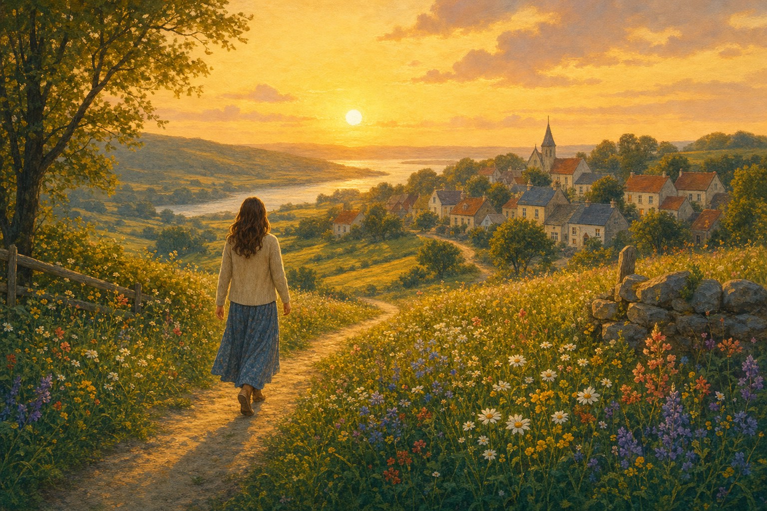 A woman walking down a wildflower path toward a village at sunset