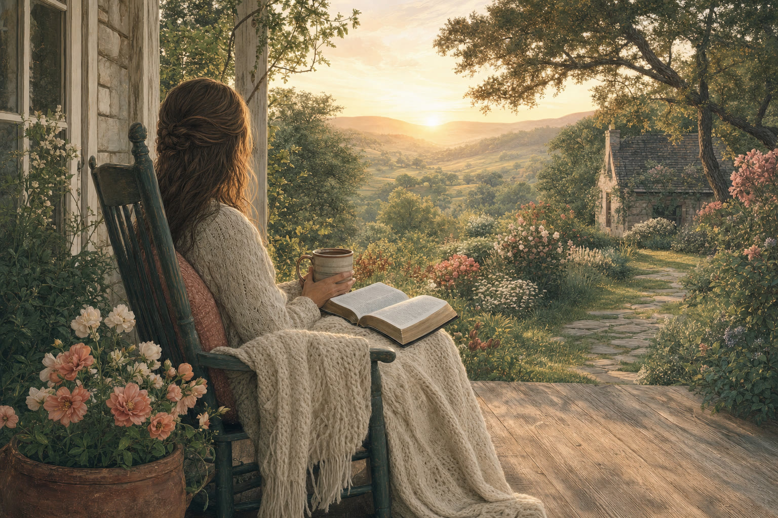 A woman reading an open Bible from a flower-filled cottage porch at sunrise