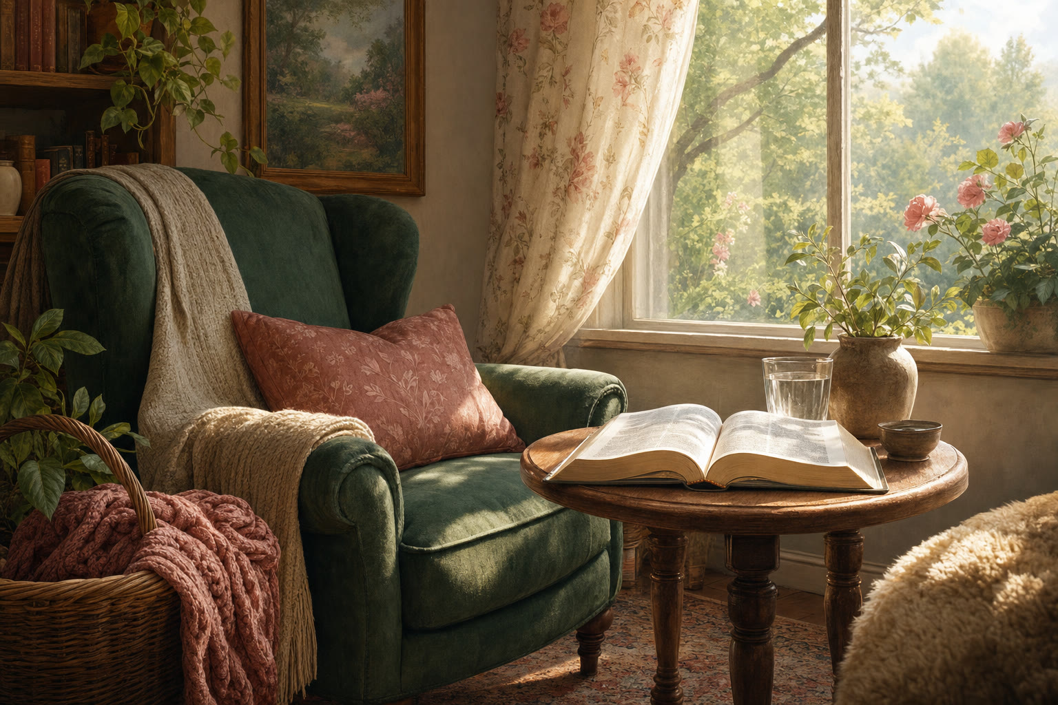 A green reading chair beside an open Bible, glass of water, and sunlit window
