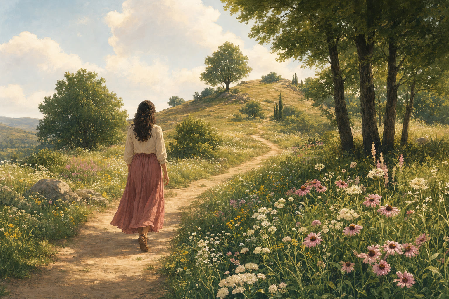 A woman walking along a sunlit path through a wildflower meadow