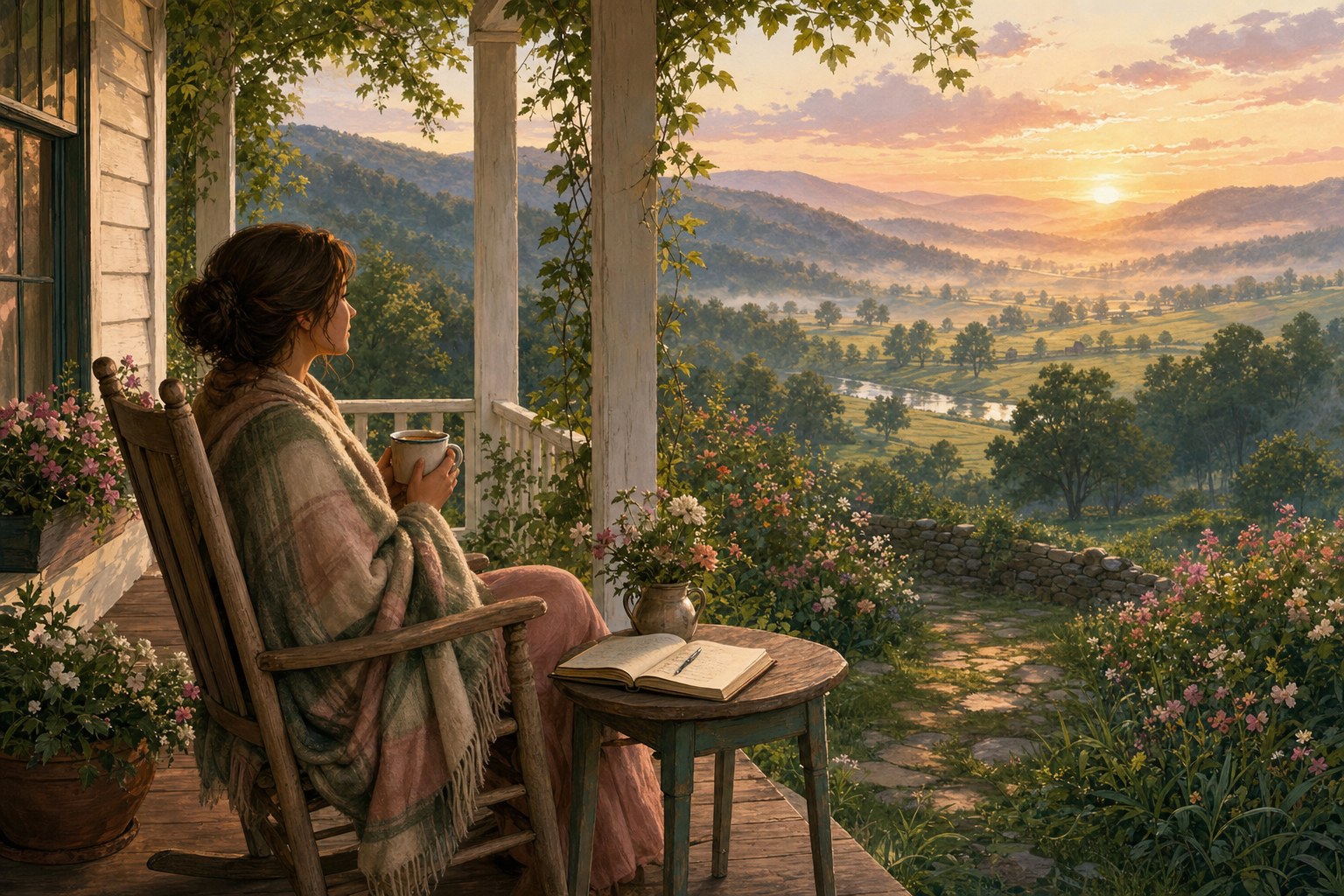 A woman resting on a cottage porch at sunrise with a warm drink and journal