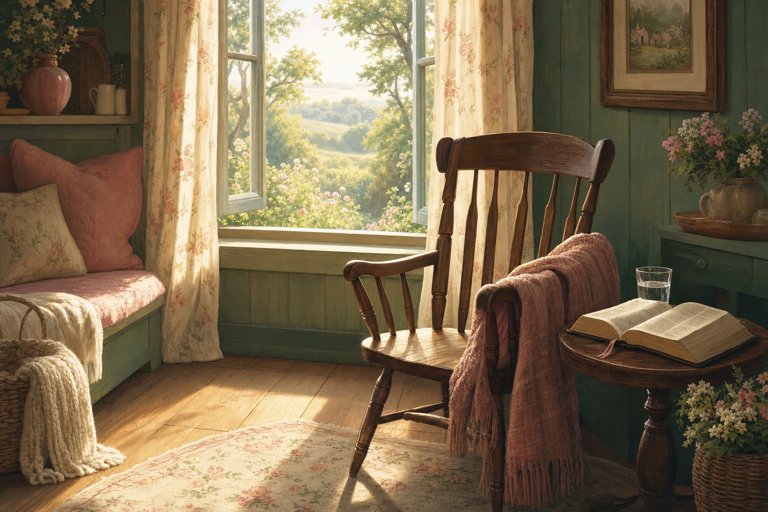 A sunlit cottage room with a wooden chair, open Bible, blanket, and glass of water