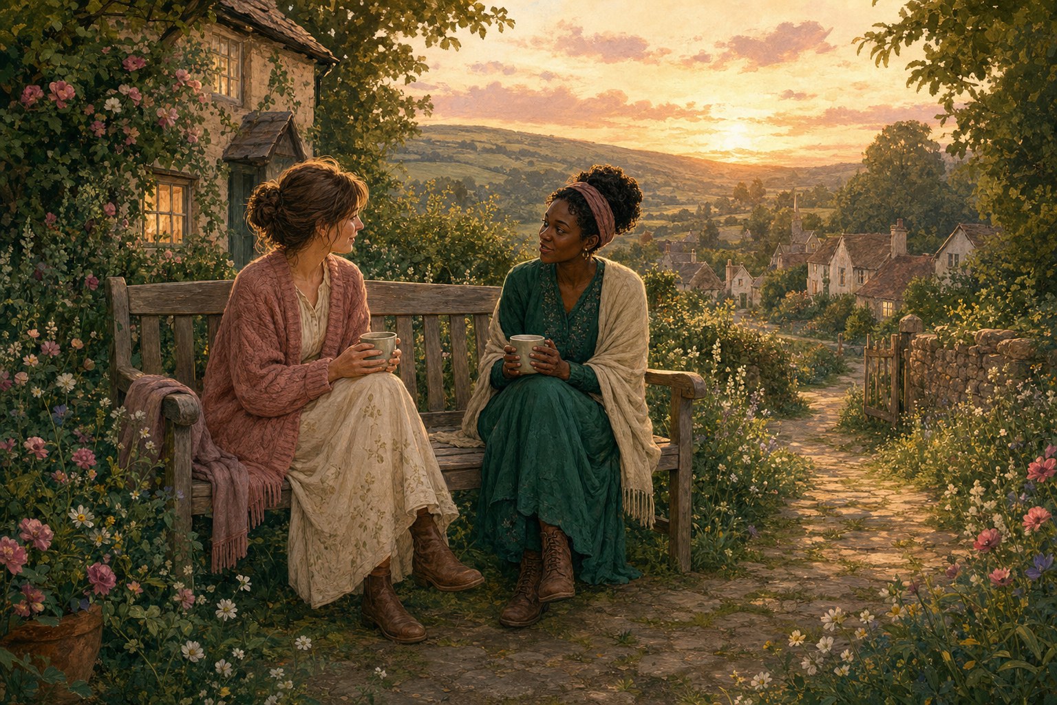 Two women having a warm, attentive conversation on a garden bench at sunset