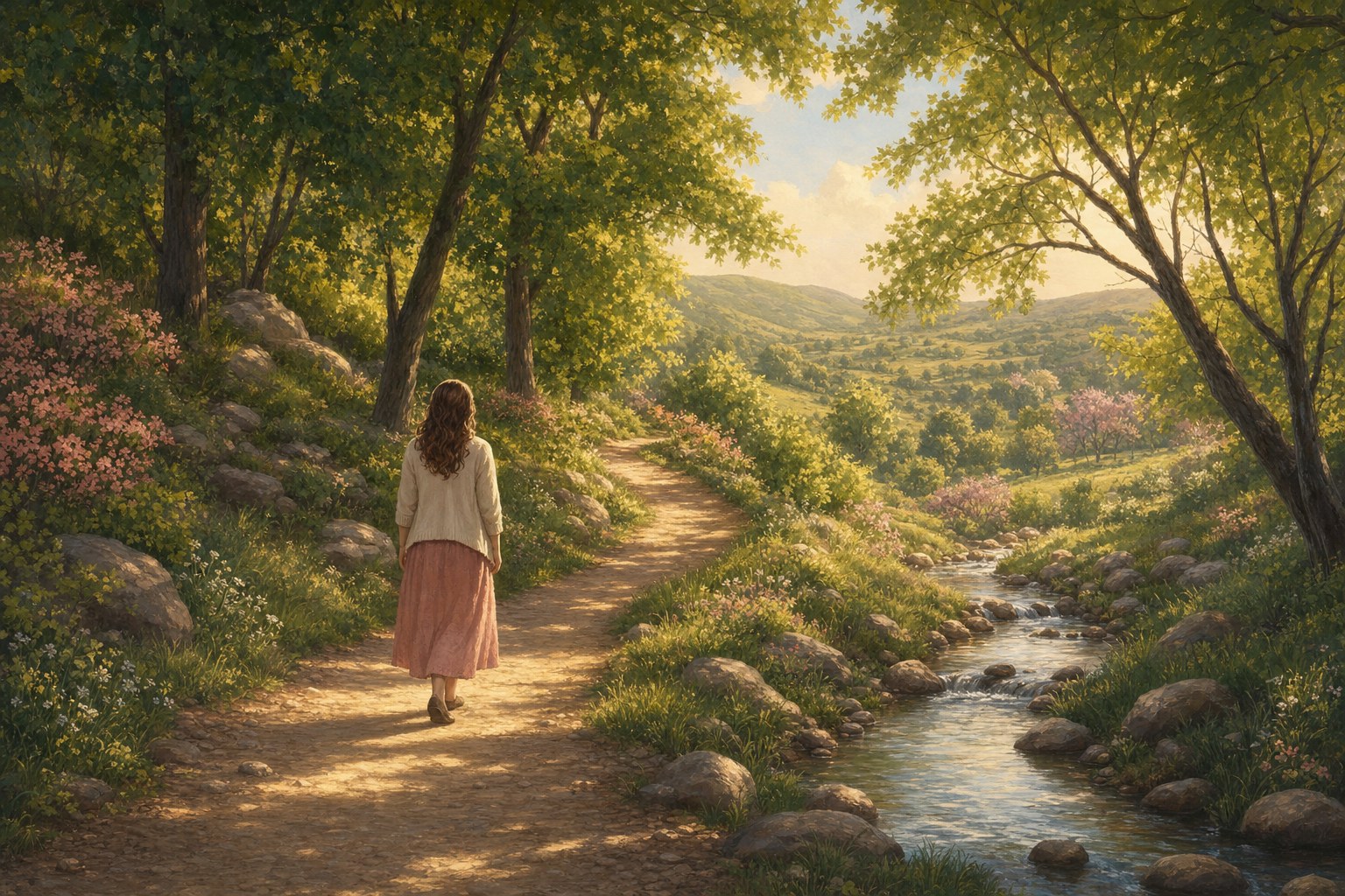 A woman walking slowly along a peaceful wooded path beside a stream