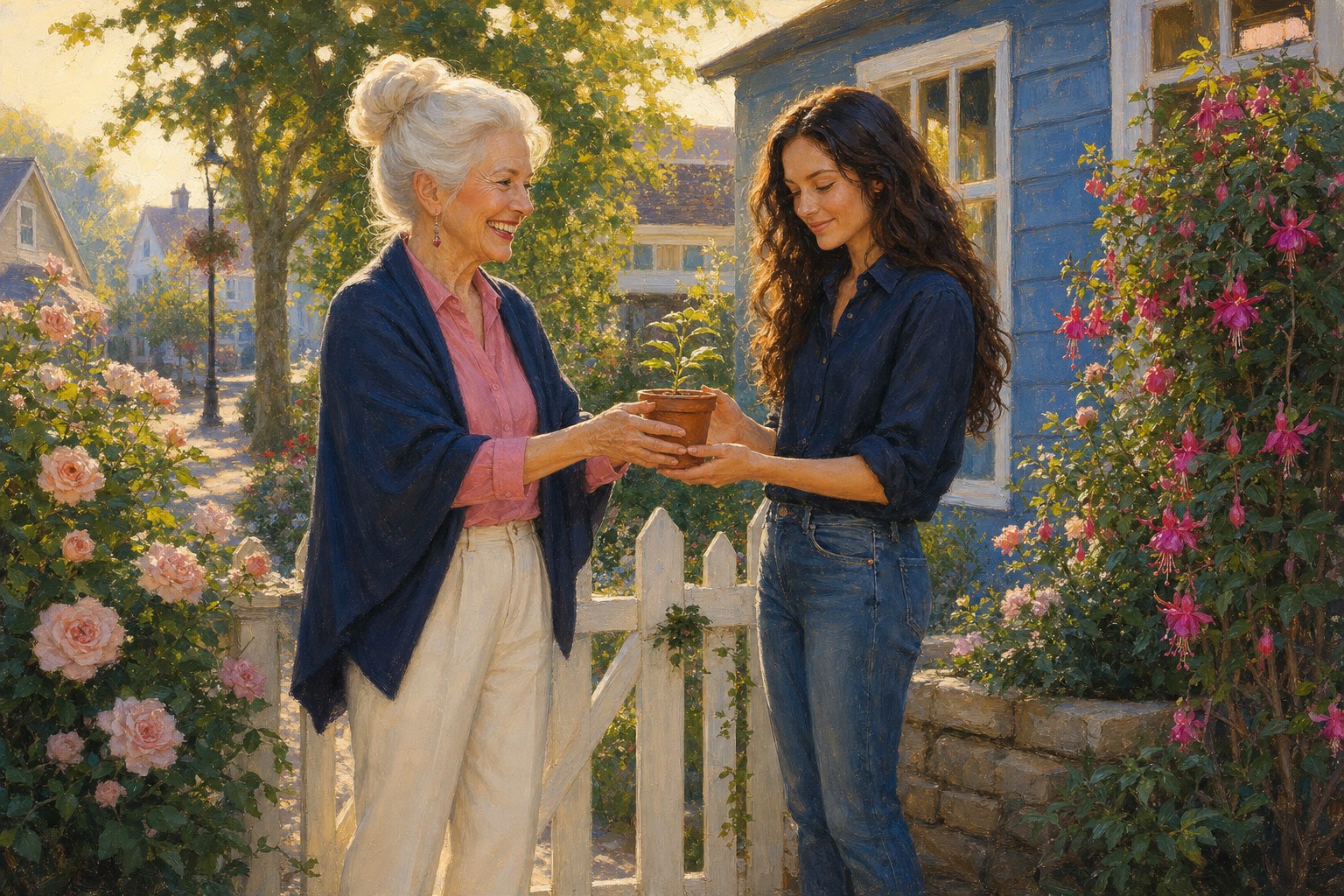 Grandma Eden giving Mira a potted seedling beside a flower-filled garden gate