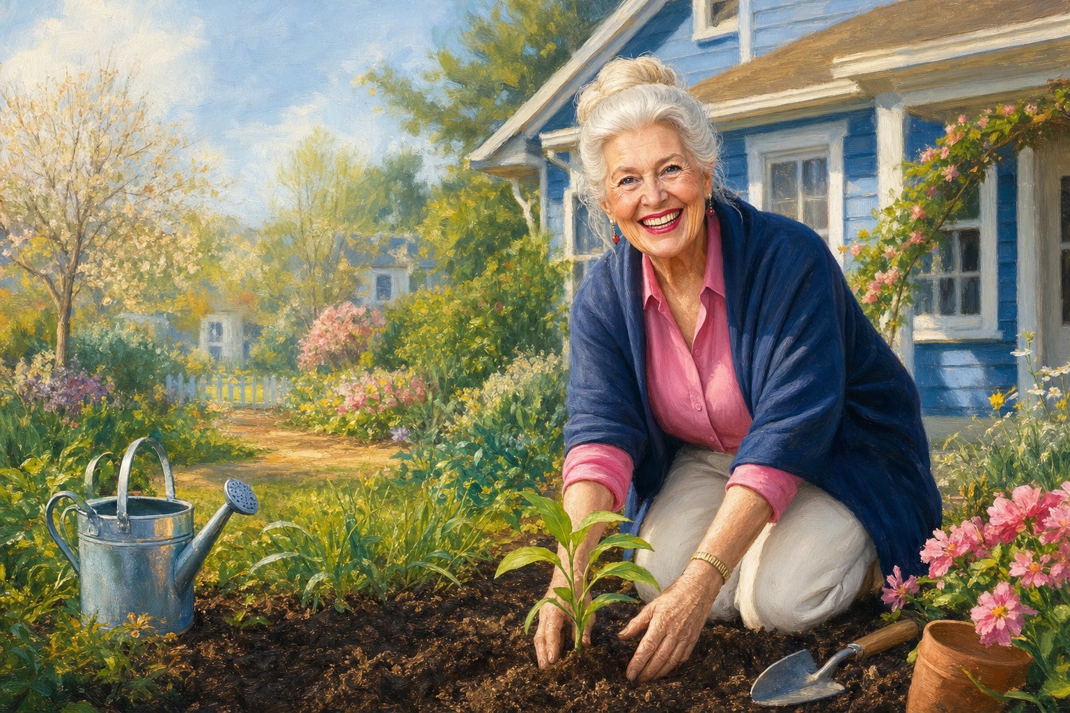 Grandma Eden planting a seedling in a sunny cottage garden