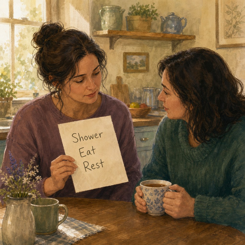 Two women sharing tea as one holds a handwritten list that reads Shower, Eat, Rest