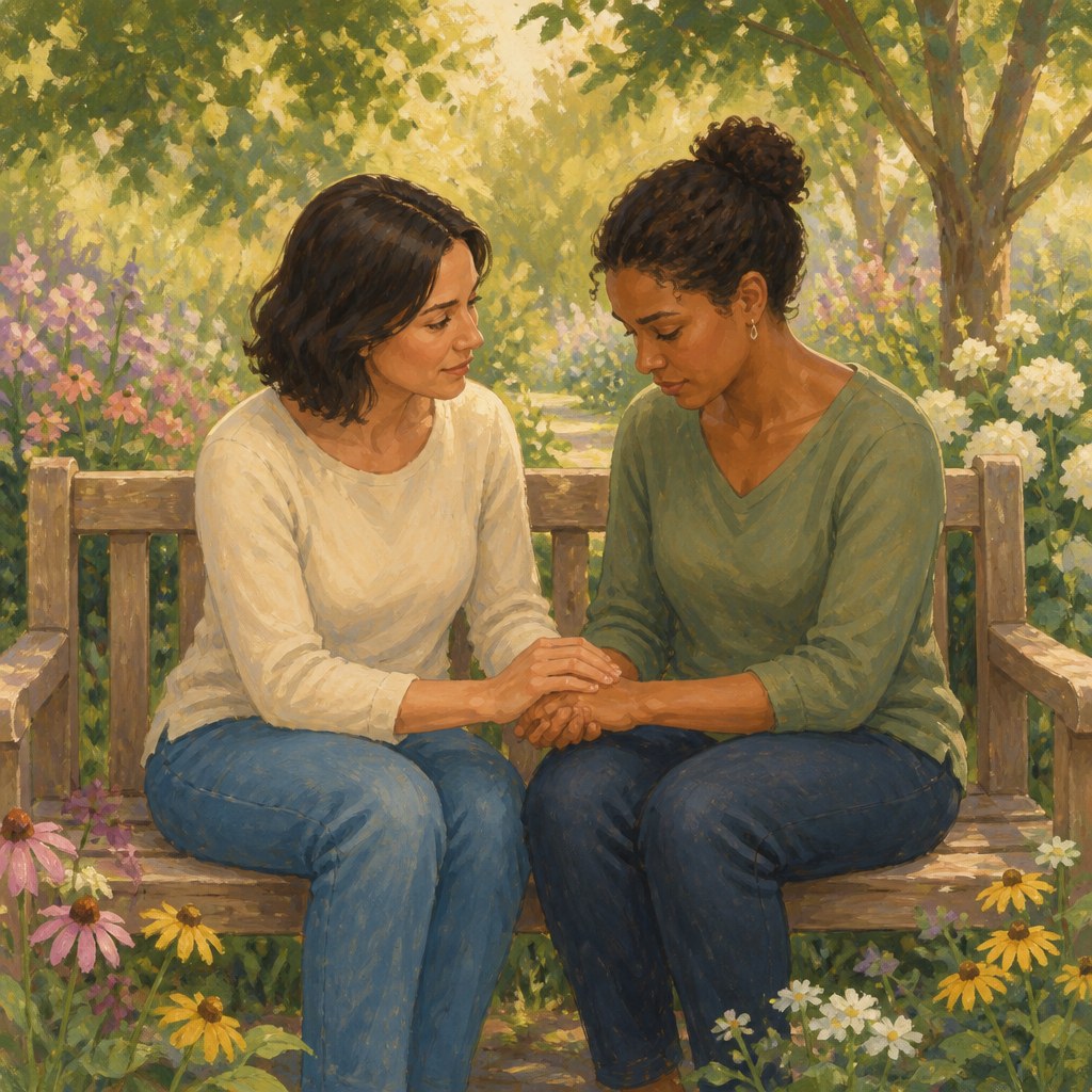 Two women holding hands on a sunlit garden bench