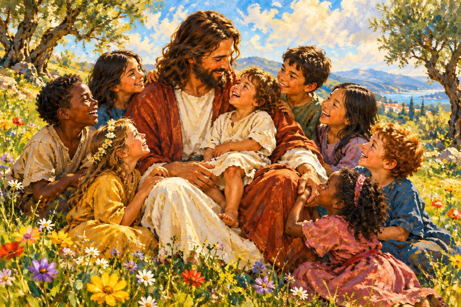 Jesus sitting with children in a flower-filled hillside meadow