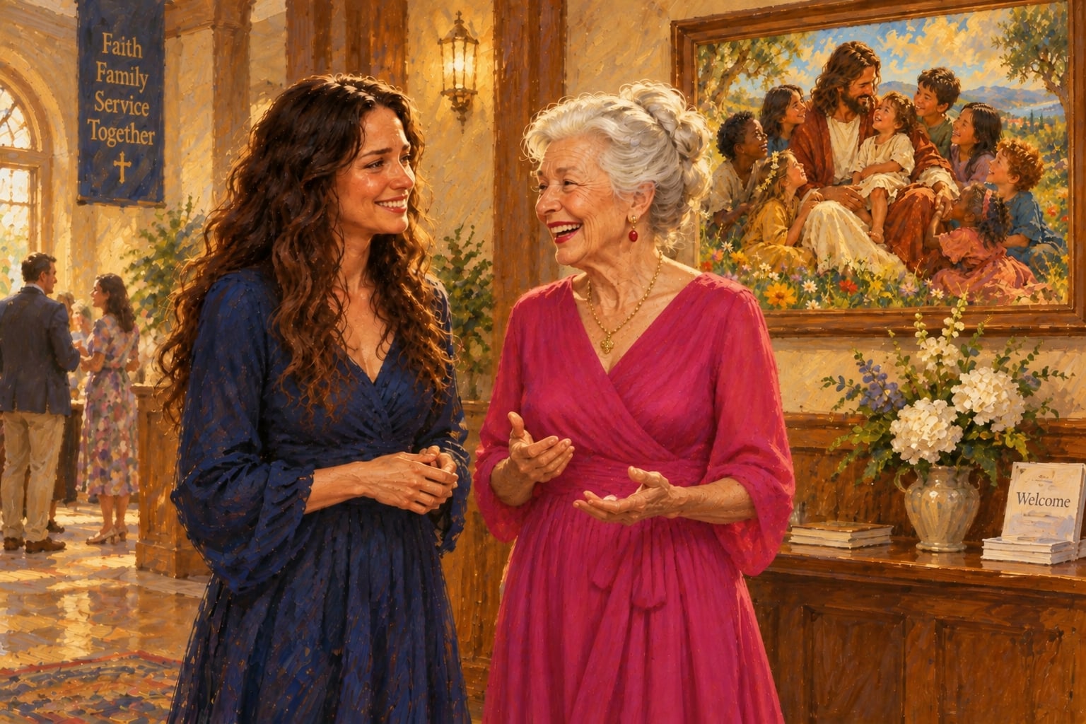A younger woman and an older woman sharing a warm conversation at church