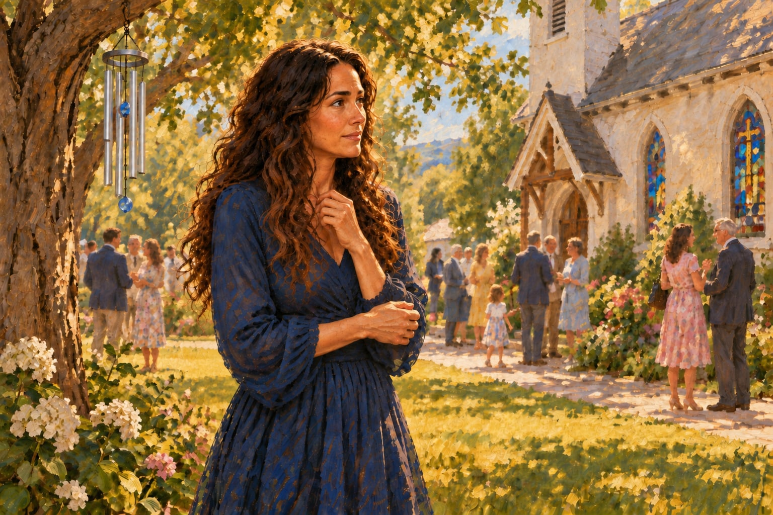 A thoughtful woman standing outside a sunlit country church
