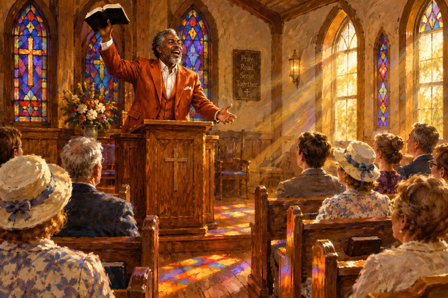 A preacher lifting an open Bible in a sunlit church sanctuary