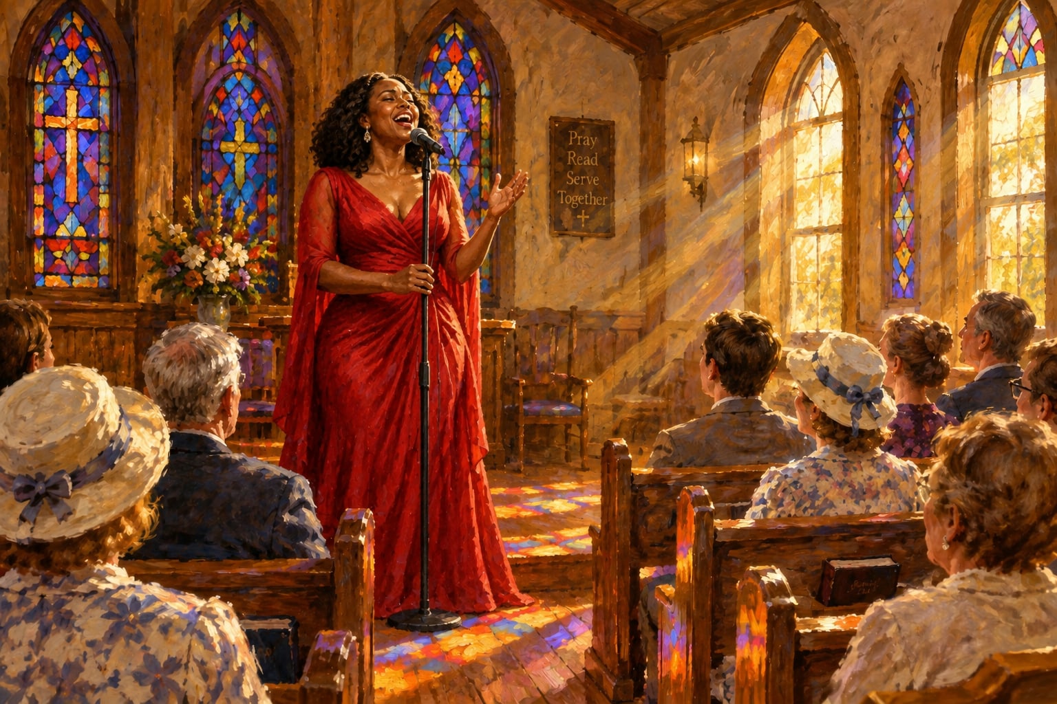 A woman singing in worship as sunlight fills a church sanctuary