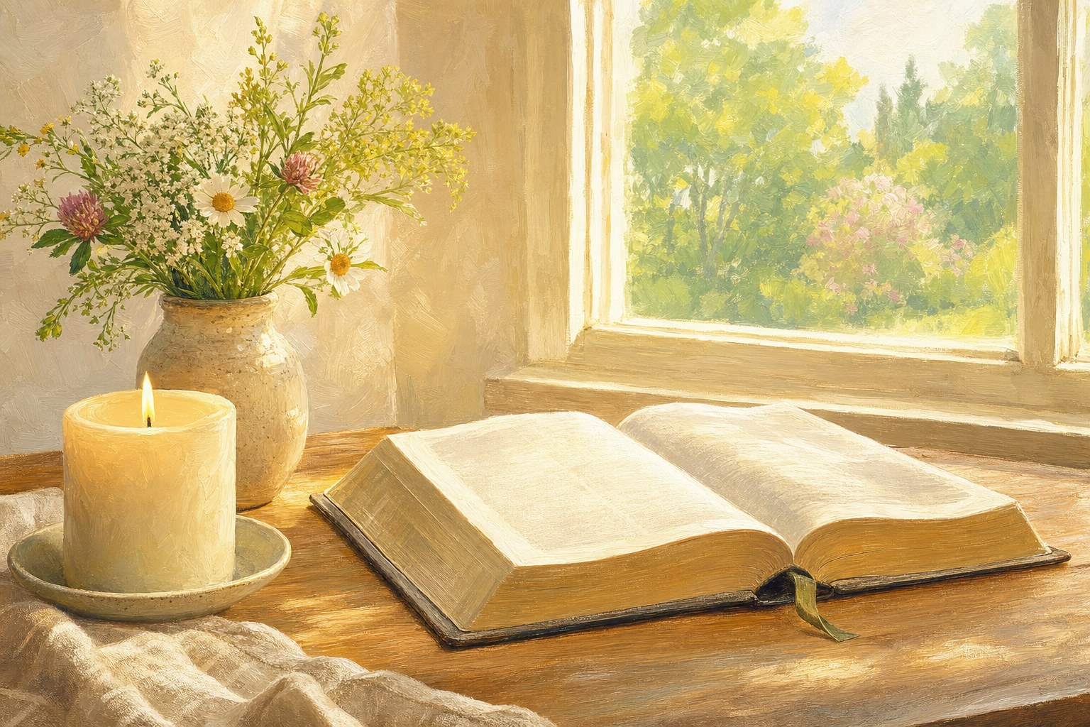 A lit candle and open Bible beside a sunlit window
