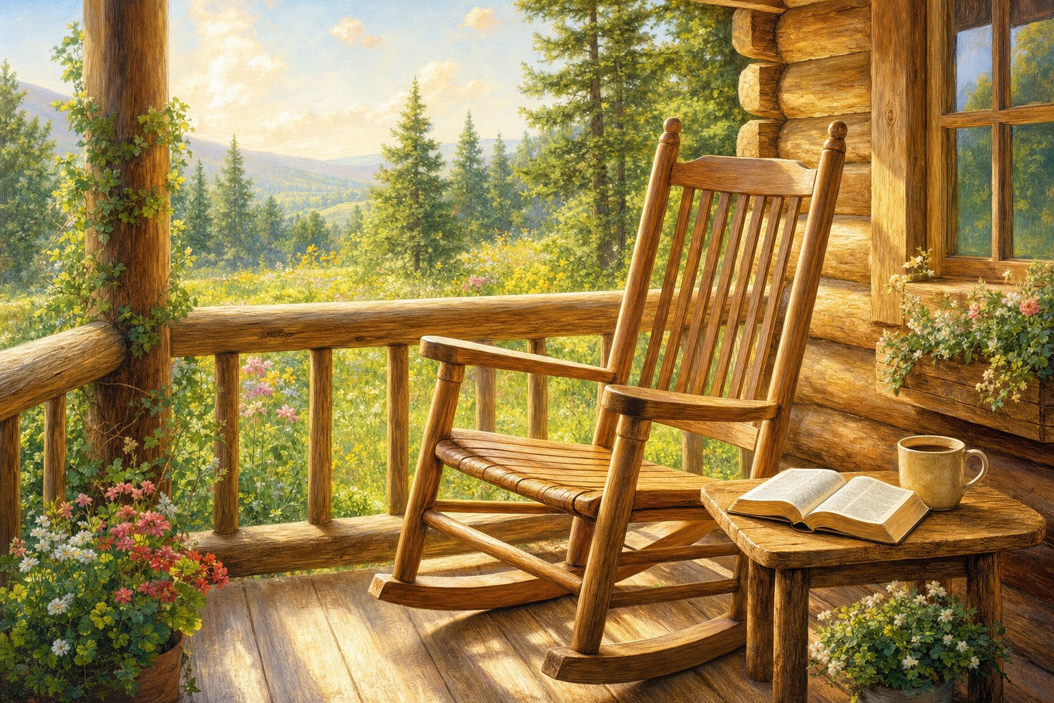 A sunny cabin porch with a rocking chair, an open Bible, and a warm mug