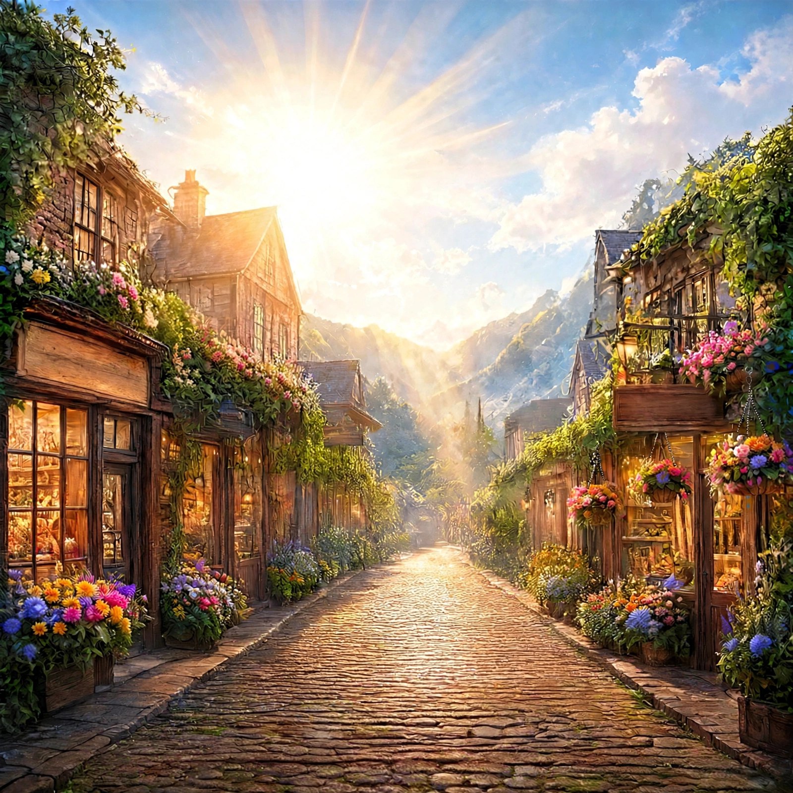 A sunlit village street in the world of Promise Hill