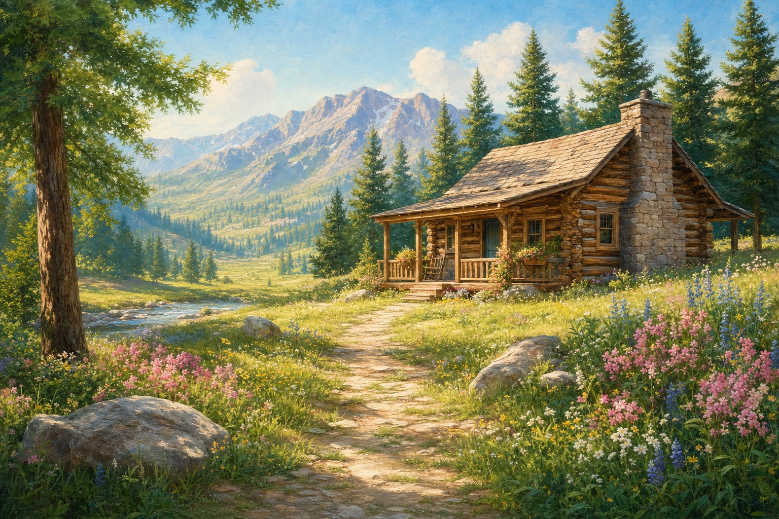 A sunny log cabin in a flower-filled mountain meadow