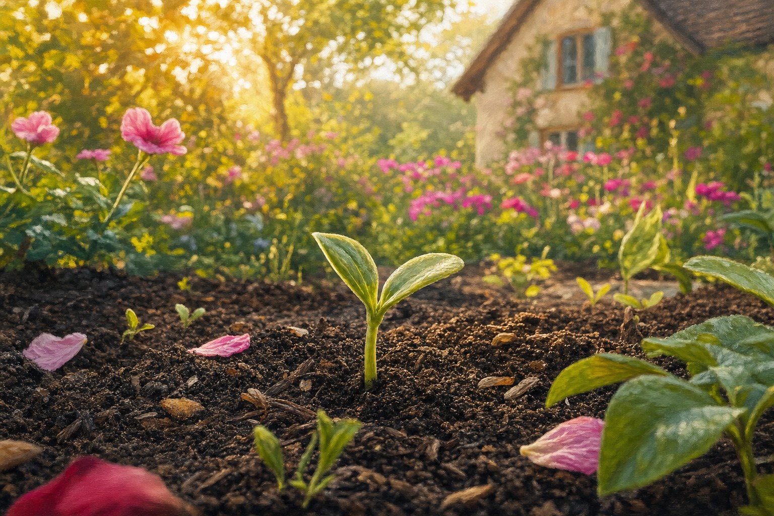 A small green seedling growing in rich soil surrounded by garden flowers