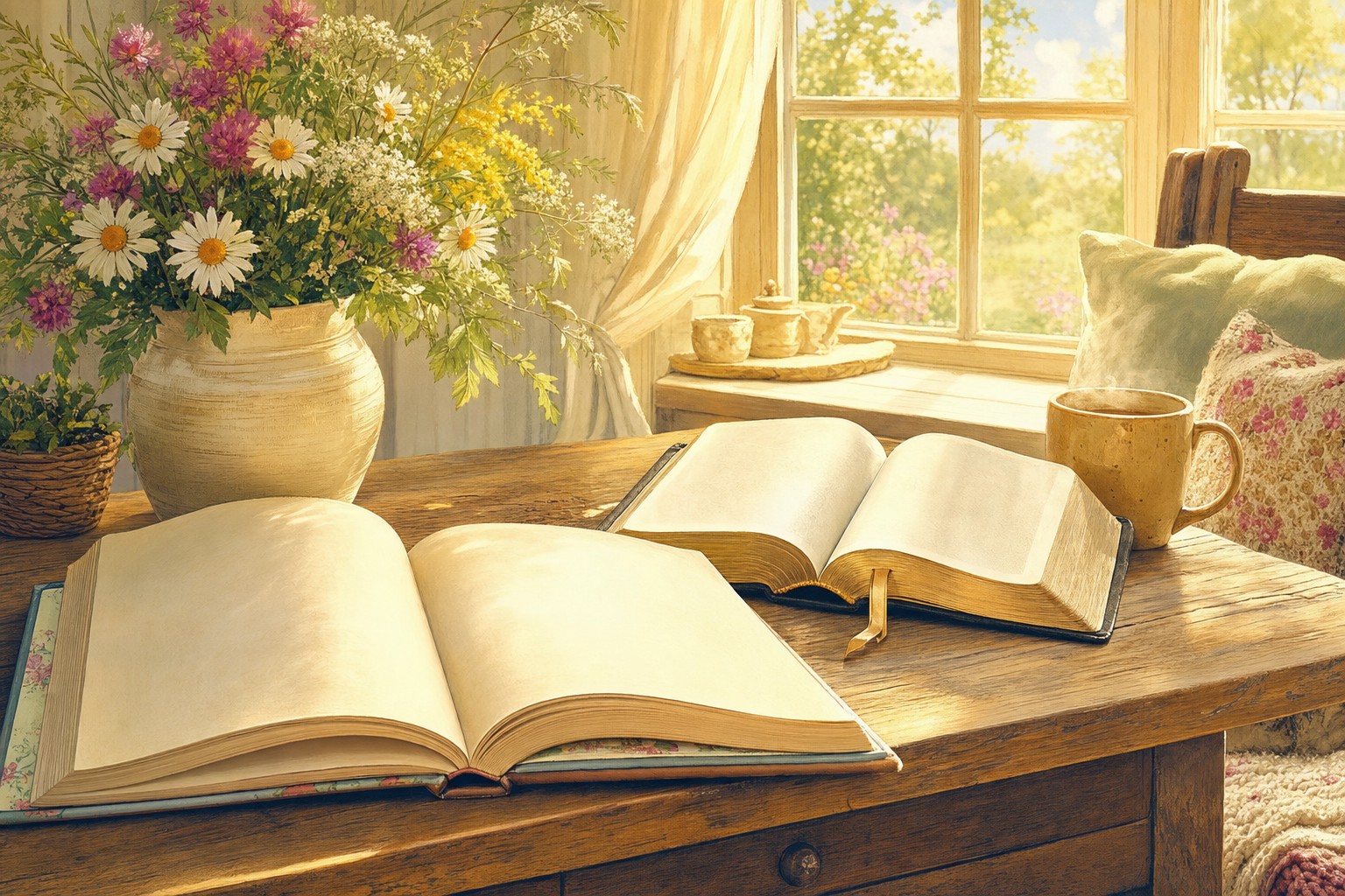An open storybook and Bible on a sunlit table beside wildflowers