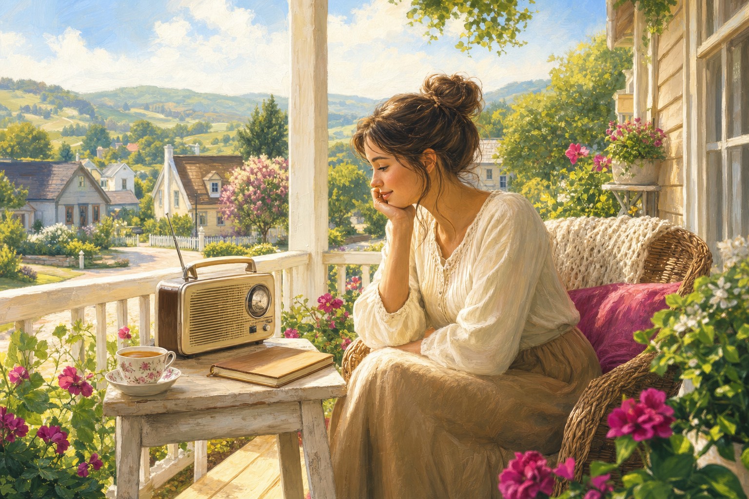 A woman listening to a story on a sunny cottage porch