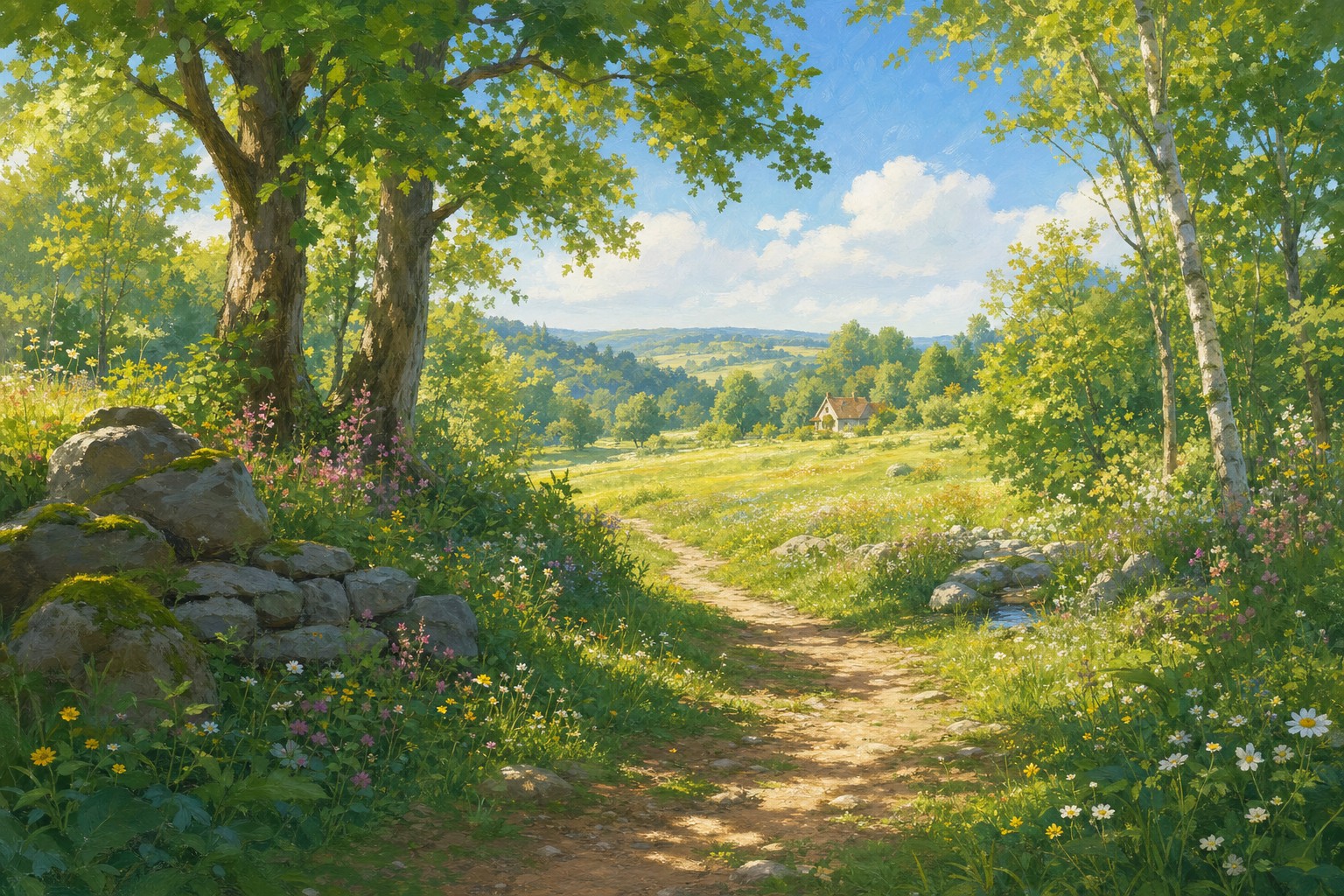 A sunlit woodland path leading into a wildflower meadow