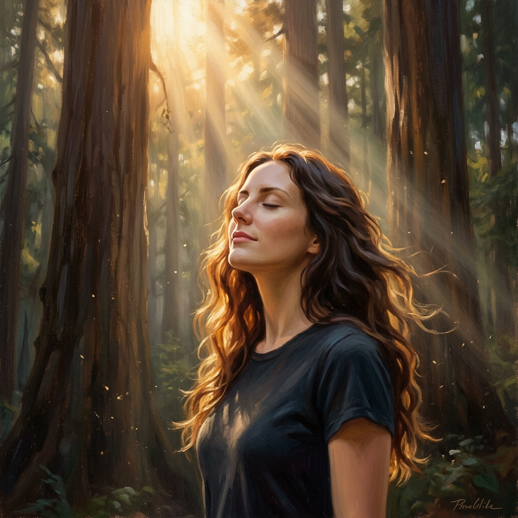 A woman standing quietly in a sunlit forest