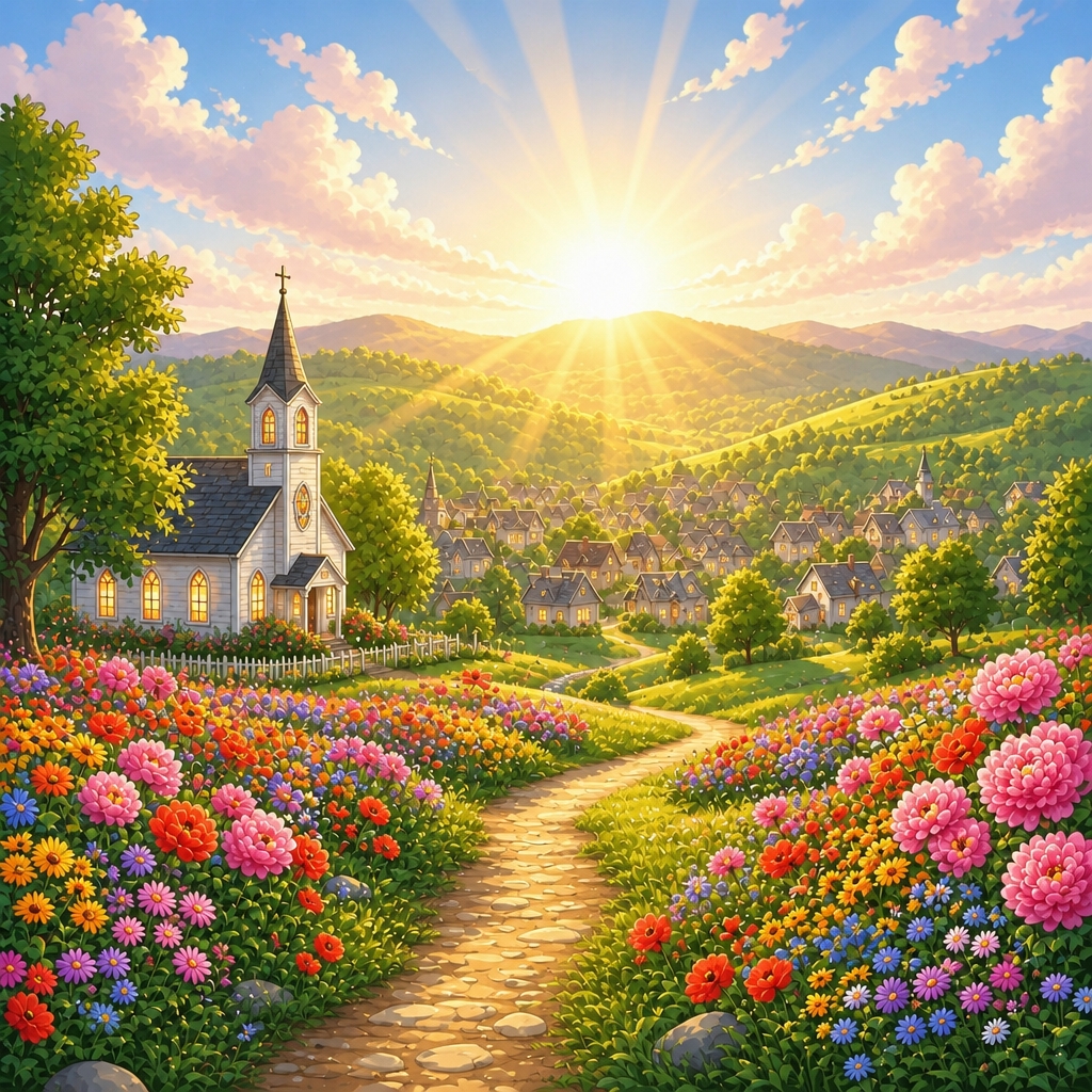 Storybook sunrise over Promise Hill, with a church, village, and flower-lined path