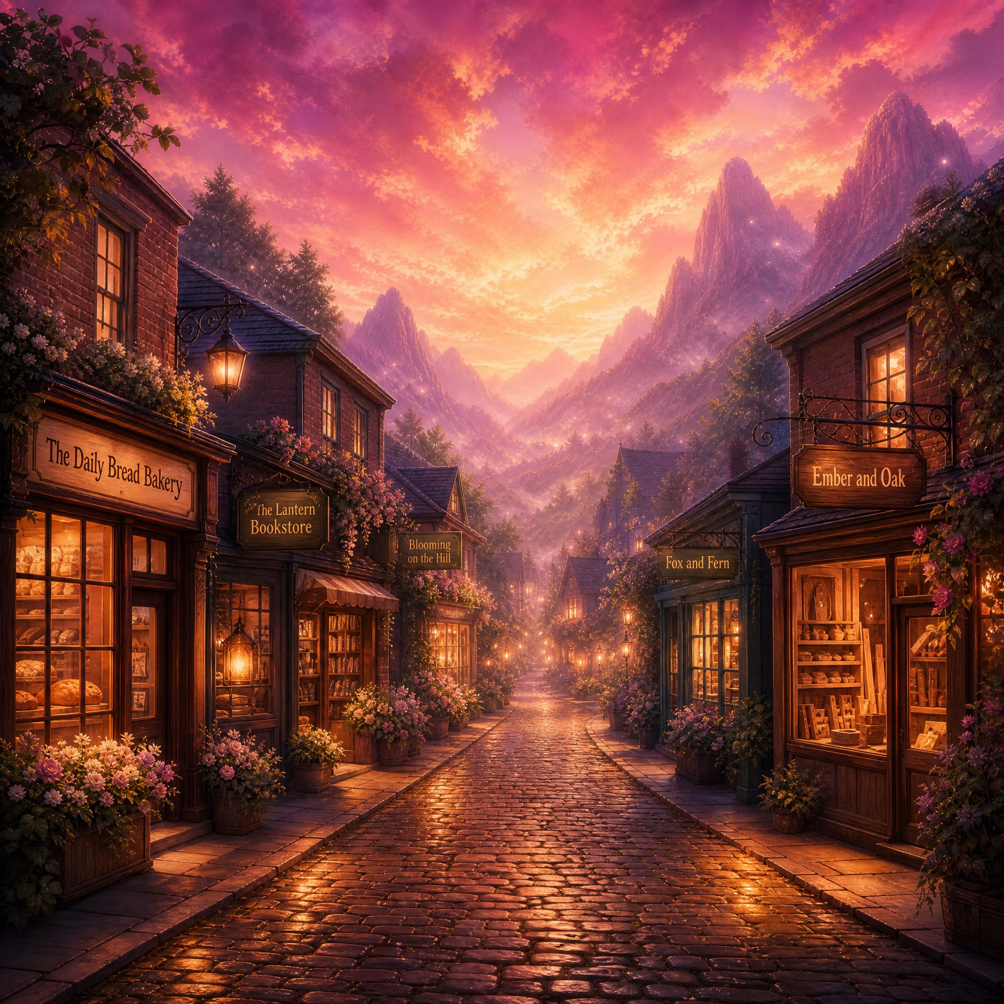 A sunlit Promise Hill town street with welcoming storefronts and flowers